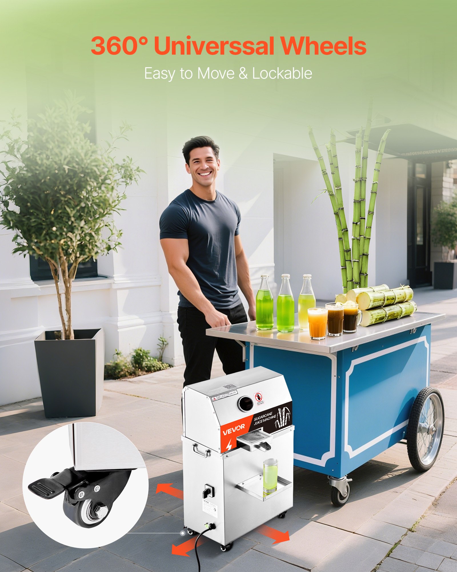 VEVOR Commercial Sugar Cane Juicer, 800W Electric Sugarcane Juicer Machine with 661LBS/H High Output, 3 Stainless Steel Rollers, Sugar Cane Press Juice Extractor Squeezer on Wheels for Home/Commercial