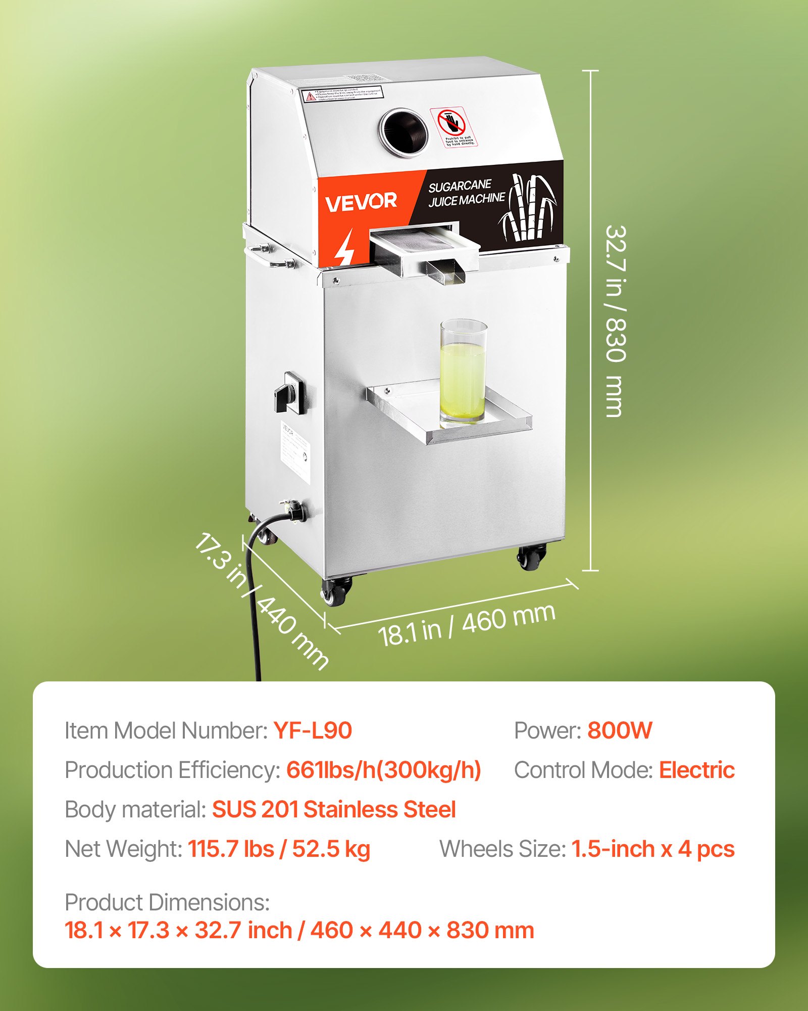 VEVOR Commercial Sugar Cane Juicer, 800W Electric Sugarcane Juicer Machine with 661LBS/H High Output, 3 Stainless Steel Rollers, Sugar Cane Press Juice Extractor Squeezer on Wheels for Home/Commercial