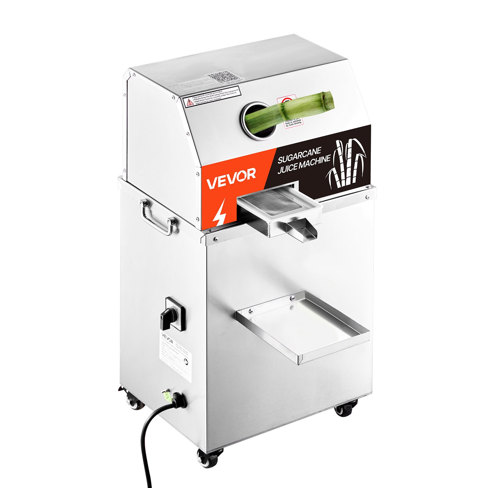 VEVOR Commercial Sugar Cane Juicer, 800W Electric Sugarcane Juicer Machine with 661LBS/H High Output, 3 Stainless Steel Rollers, Sugar Cane Press Juice Extractor Squeezer on Wheels for Home/Commercial