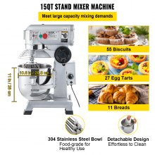 VEVOR Commercial Stand Mixer, 15Qt Stainless Steel Bowl, 500W Heavy Duty Electric Food Mixer with 3 Speeds Adjustable 113/184/341 RPM, Dough Hook Whisk Beater Included, Perfect for Bakery Pizzeria