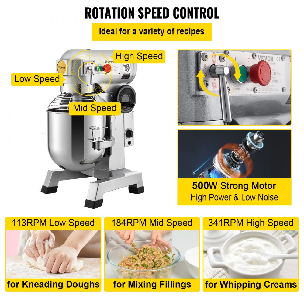 VEVOR Commercial Stand Mixer, 850W Heavy Duty Electric Food Mixer, 15Qt Stainless Steel Bowl with 3 Speeds Adjustable 113/184/341 RPM, Dough Hook Whisk Beater Included, Perfect for Bakery Pizzeria