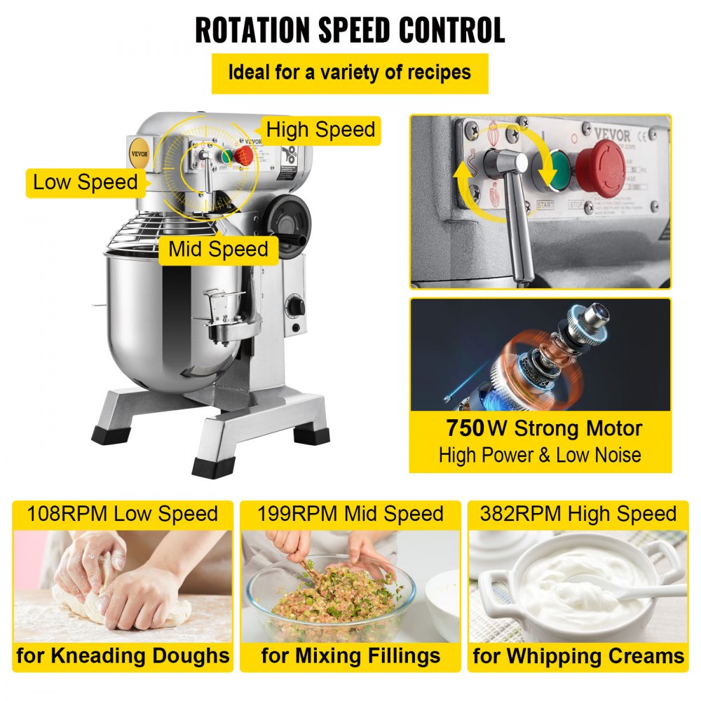 VEVOR Commercial Food Mixer, 20Qt Commercial Mixer with Timing Function, 750W Stainless Steel Bowl Heavy Duty Electric Food Mixer Commercial with 3 Speeds Adjustable 108/199/382 RPM, Dough Hook Whisk