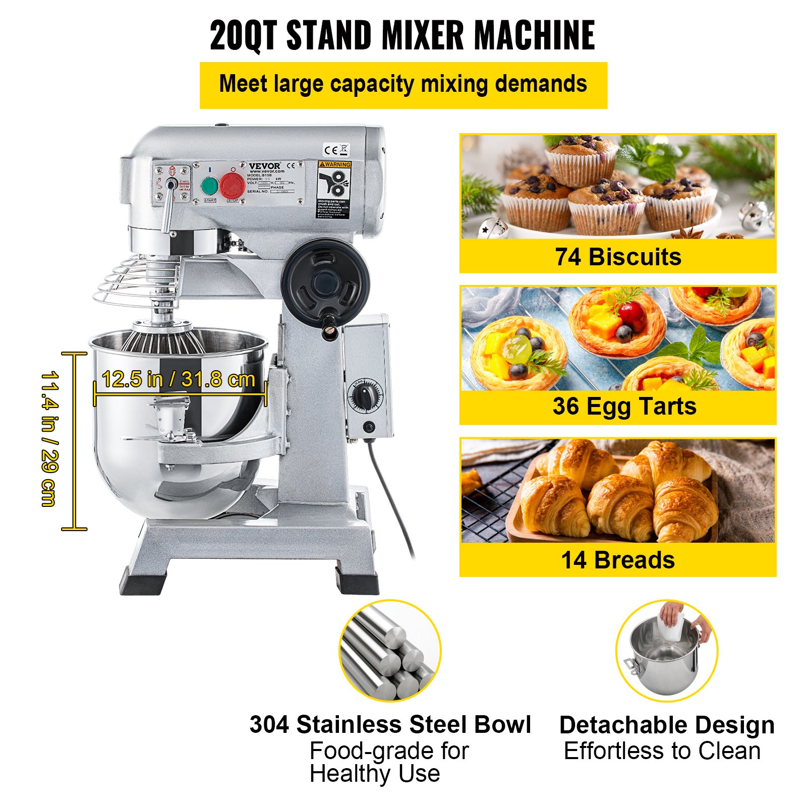 VEVOR Commercial Food Mixer, 20Qt Commercial Mixer with Timing Function, 750W Stainless Steel Bowl Heavy Duty Electric Food Mixer Commercial with 3 Speeds Adjustable 108/199/382 RPM, Dough Hook Whisk