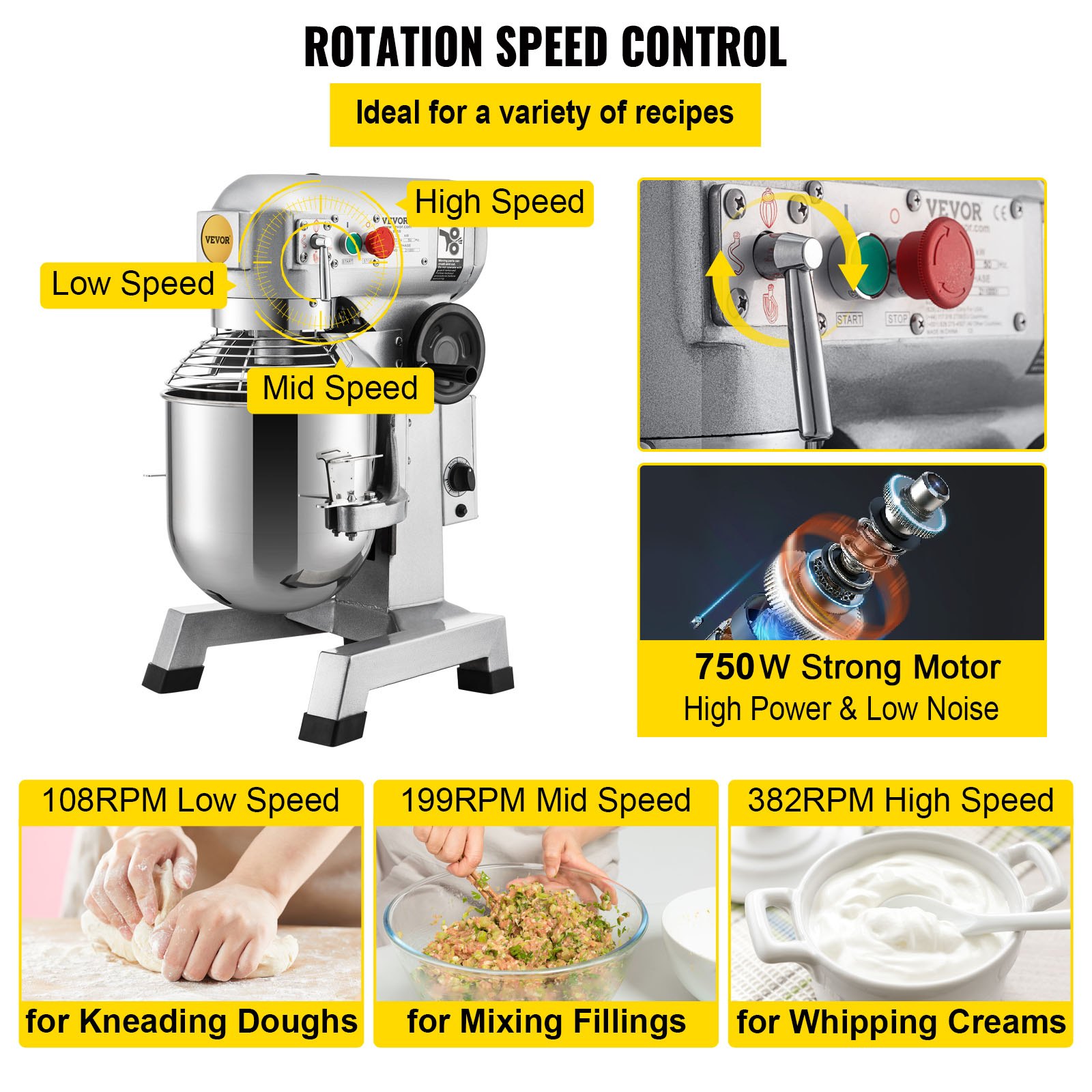 VEVOR Commercial Food Mixer, 20Qt Commercial Mixer with Timing Function, 750W Stainless Steel Bowl Heavy Duty Electric Food Mixer Commercial with 3 Speeds Adjustable 108/199/382 RPM, Dough Hook Whisk