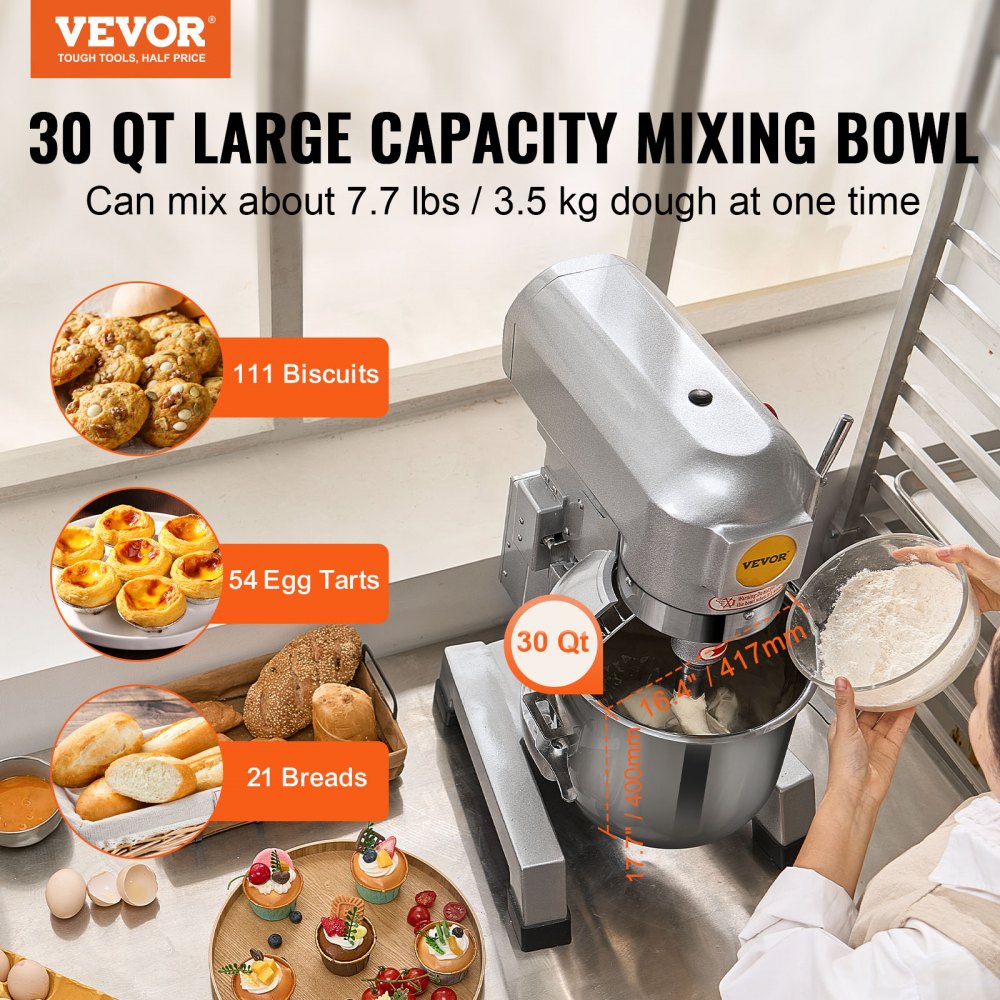 VEVOR Commercial Food Mixer, 30Qt Commercial Mixer with Timing Function, 1100W Stainless Steel Bowl Heavy Duty Electric Food Mixer Commercial with 3 Speeds Adjustable 108/199/382 RPM, Dough Hook Whisk