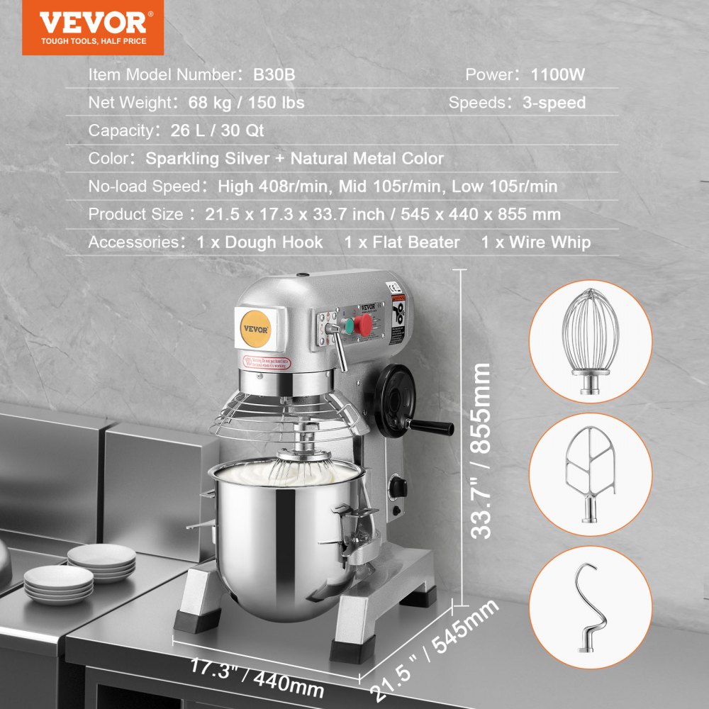 VEVOR Commercial Food Mixer, 30Qt Commercial Mixer with Timing Function, 1100W Stainless Steel Bowl Heavy Duty Electric Food Mixer Commercial with 3 Speeds Adjustable 108/199/382 RPM, Dough Hook Whisk