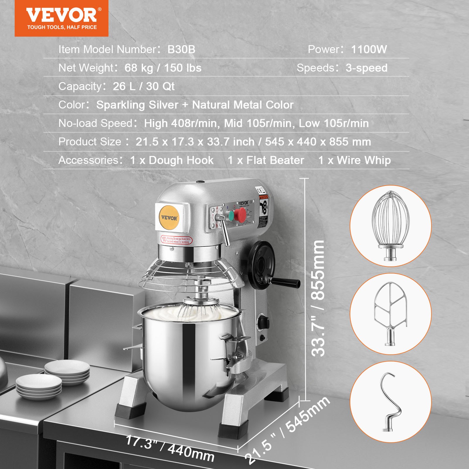 VEVOR Commercial Food Mixer, 30Qt Commercial Mixer with Timing Function, 1100W Stainless Steel Bowl Heavy Duty Electric Food Mixer Commercial with 3 Speeds Adjustable 108/199/382 RPM, Dough Hook Whisk