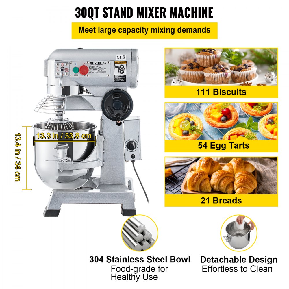 VEVOR Commercial Stand Mixer, 30Qt Stainless Steel Bowl, 1100W Heavy Duty Electric Food Mixer with 3 Speeds Adjustable 108/199/382 RPM, Dough Hook Whisk Beater Included, Perfect for Bakery Pizzeria