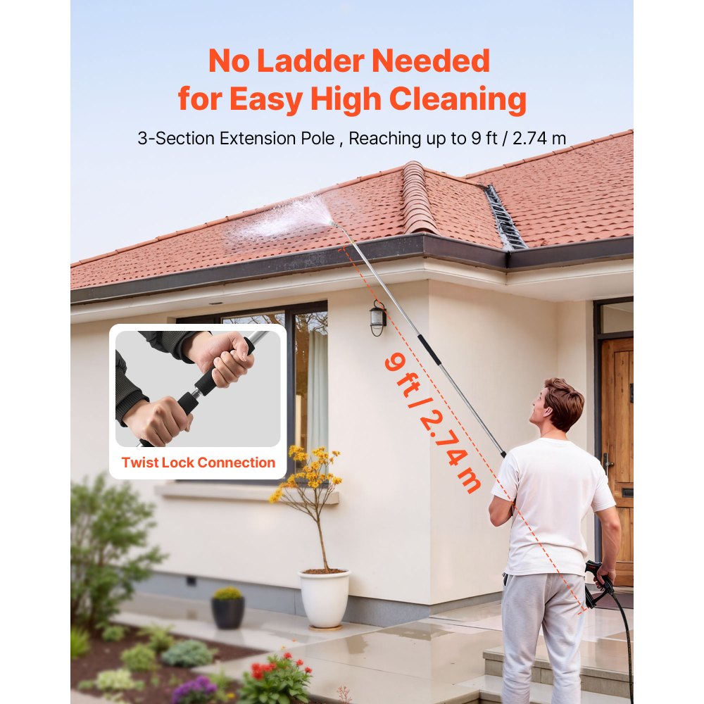 VEVOR 2.74 m Pressure Washer Telescoping Wand, 3-Section with Power Washer Extension Wands, 7 Nozzles, Hose Adapter, Support Belt, Storage Bag, 4000 PSI Telescopic Gutter Cleaner for High Cleaning