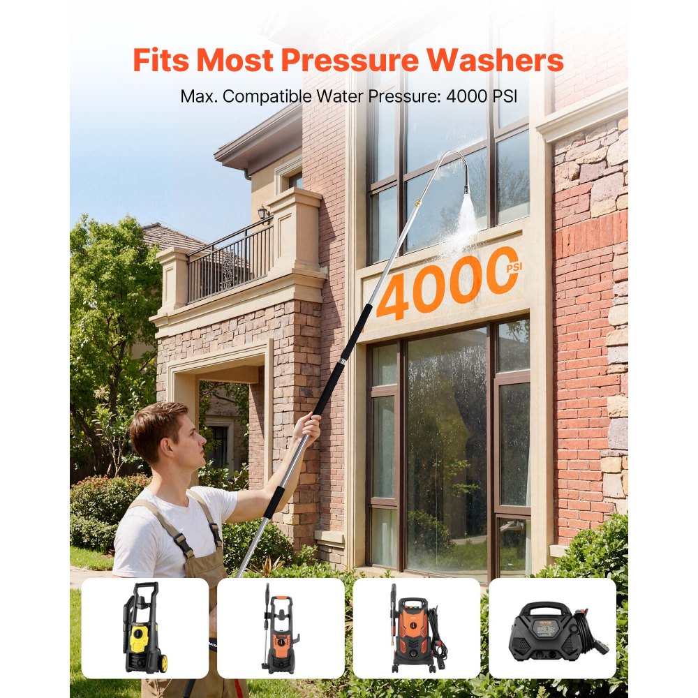 VEVOR 2.74 m Pressure Washer Telescoping Wand, 3-Section with Power Washer Extension Wands, 7 Nozzles, Hose Adapter, Support Belt, Storage Bag, 4000 PSI Telescopic Gutter Cleaner for High Cleaning