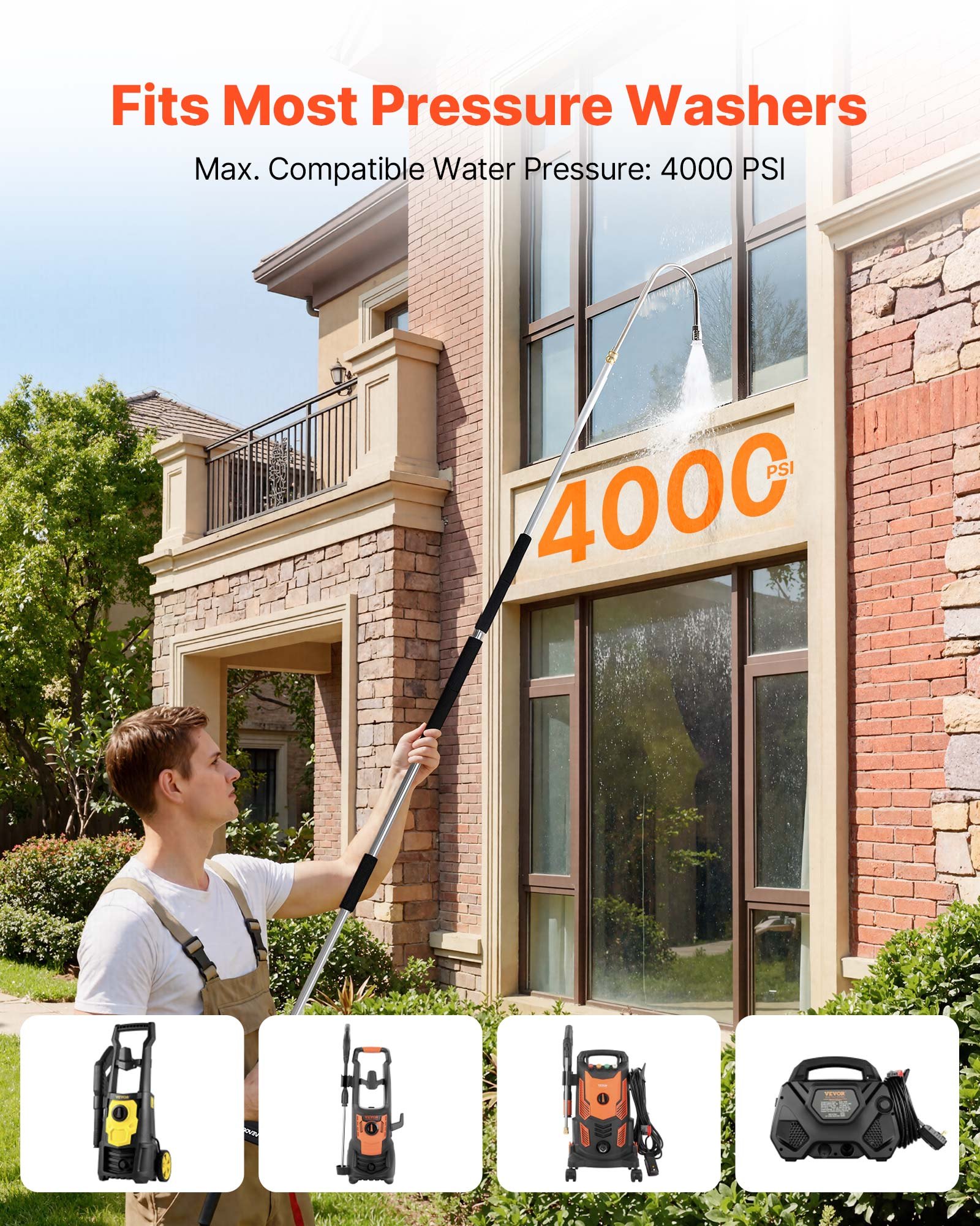 VEVOR 2.74 m Pressure Washer Telescoping Wand, 3-Section with Power Washer Extension Wands, 7 Nozzles, Hose Adapter, Support Belt, Storage Bag, 4000 PSI Telescopic Gutter Cleaner for High Cleaning