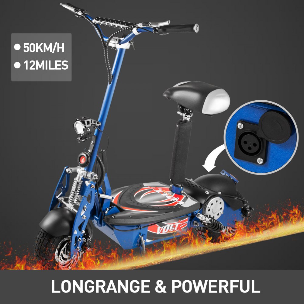 Folding Electric Scooter with Large Wheels, Powerful 48v 1000w Motor Blue