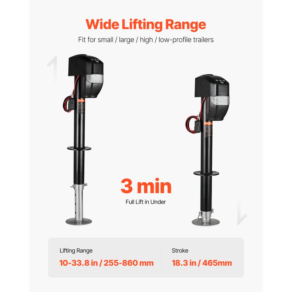 VEVOR Electric Trailer Jack, 5000 lbs, Heavy Duty RV Electric Power Tongue Jack with 2 Way Connector, Remote Control, Crank Handle & Weatherproof Jack Cover, 10"-28.3" Lift, for Trailers & Campers