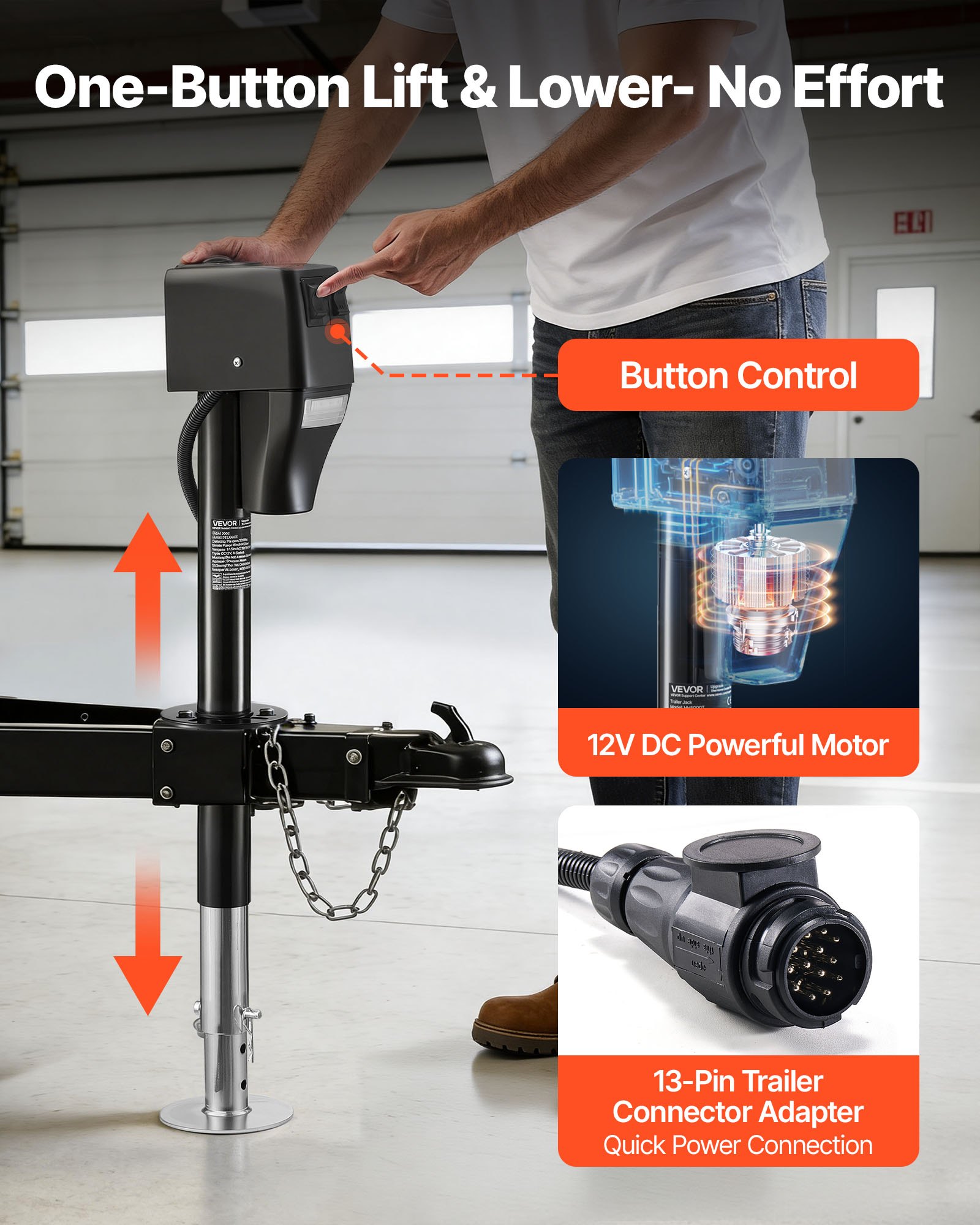 VEVOR Electric Trailer Jack, 2268 kg Capacity, Electric Power Tongue Jack with Waterproof Protective Cover & LED Light for Travel Trailer, Camper, RV, 230-686 mm Lift, 12V DC with Wiring, Black