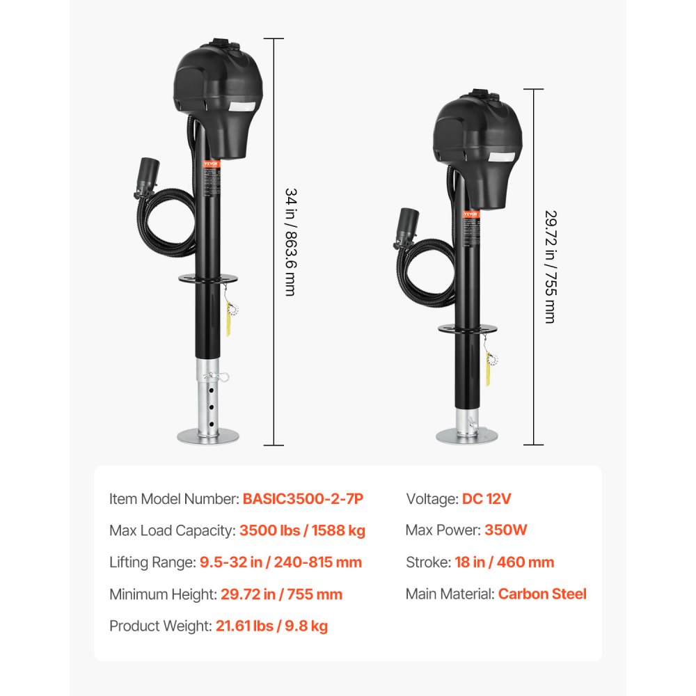 VEVOR Electric Trailer Jack, 3500 lbs, Heavy Duty RV Electric Power Tongue Jack with 7-pin Connector, Manual Crank Handle & Weatherproof Jack Cover, 9.5"-27.5" Lift, for Trailers, Campers & RVs, Black