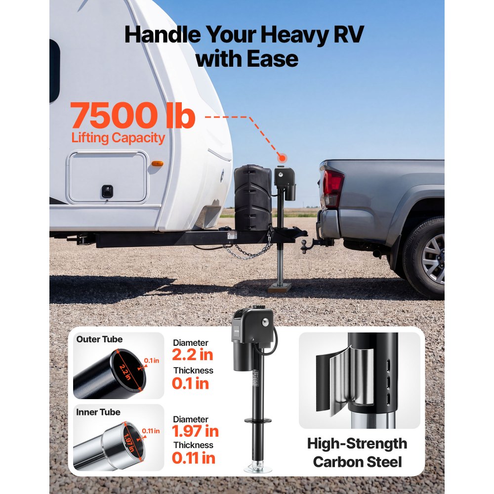 VEVOR Electric Trailer Jack, 7500 lbs Capacity, Electric Power Tongue Jack with Waterproof Protective Cover & LED Light for Travel Trailer, Camper, RV, 9.84-27.84 in Lift, 12V DC with Wiring, Black