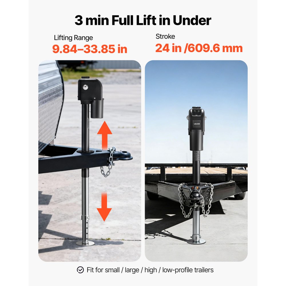 VEVOR Electric Trailer Jack, 7500 lbs Capacity, Electric Power Tongue Jack with Waterproof Protective Cover & LED Light for Travel Trailer, Camper, RV, 9.84-27.84 in Lift, 12V DC with Wiring, Black