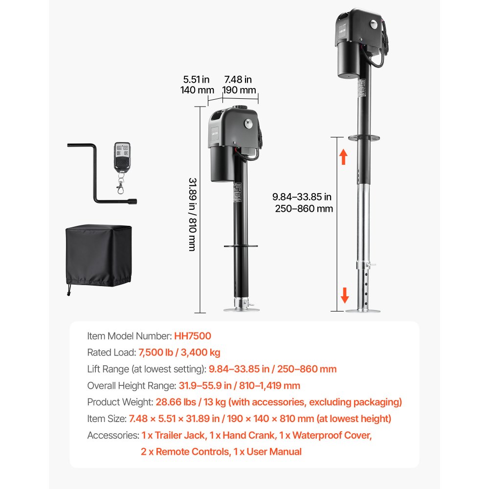 VEVOR Electric Trailer Jack, 7500 lbs Capacity, Electric Power Tongue Jack with Waterproof Protective Cover & LED Light for Travel Trailer, Camper, RV, 9.84-27.84 in Lift, 12V DC with Wiring, Black