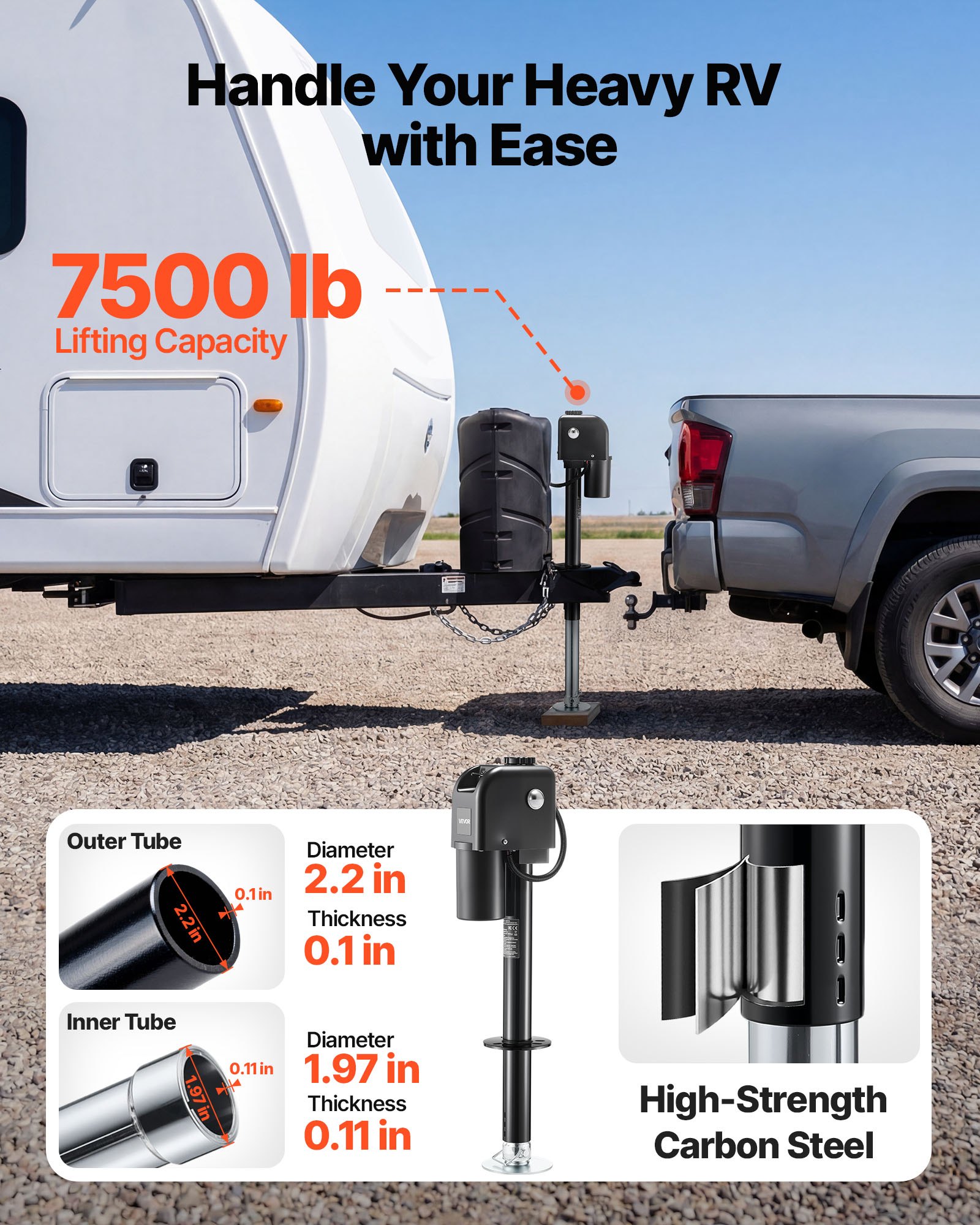 VEVOR Electric Trailer Jack, 7500 lbs Capacity, Electric Power Tongue Jack with Waterproof Protective Cover & LED Light for Travel Trailer, Camper, RV, 9.84-27.84 in Lift, 12V DC with Wiring, Black