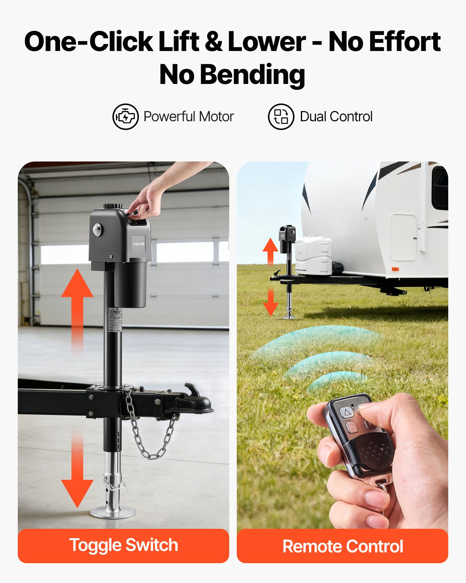 VEVOR Electric Trailer Jack, 7500 lbs Capacity, Electric Power Tongue Jack with Waterproof Protective Cover & LED Light for Travel Trailer, Camper, RV, 9.84-27.84 in Lift, 12V DC with Wiring, Black
