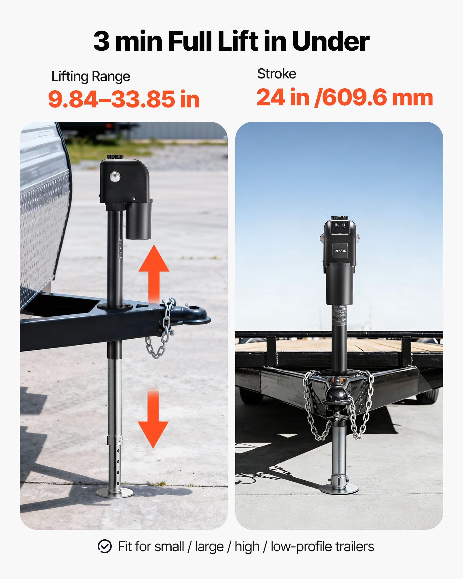 VEVOR Electric Trailer Jack, 7500 lbs Capacity, Electric Power Tongue Jack with Waterproof Protective Cover & LED Light for Travel Trailer, Camper, RV, 9.84-27.84 in Lift, 12V DC with Wiring, Black