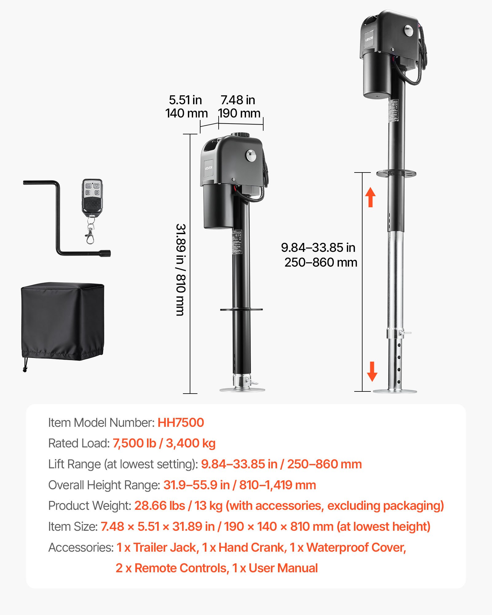 VEVOR Electric Trailer Jack, 7500 lbs Capacity, Electric Power Tongue Jack with Waterproof Protective Cover & LED Light for Travel Trailer, Camper, RV, 9.84-27.84 in Lift, 12V DC with Wiring, Black