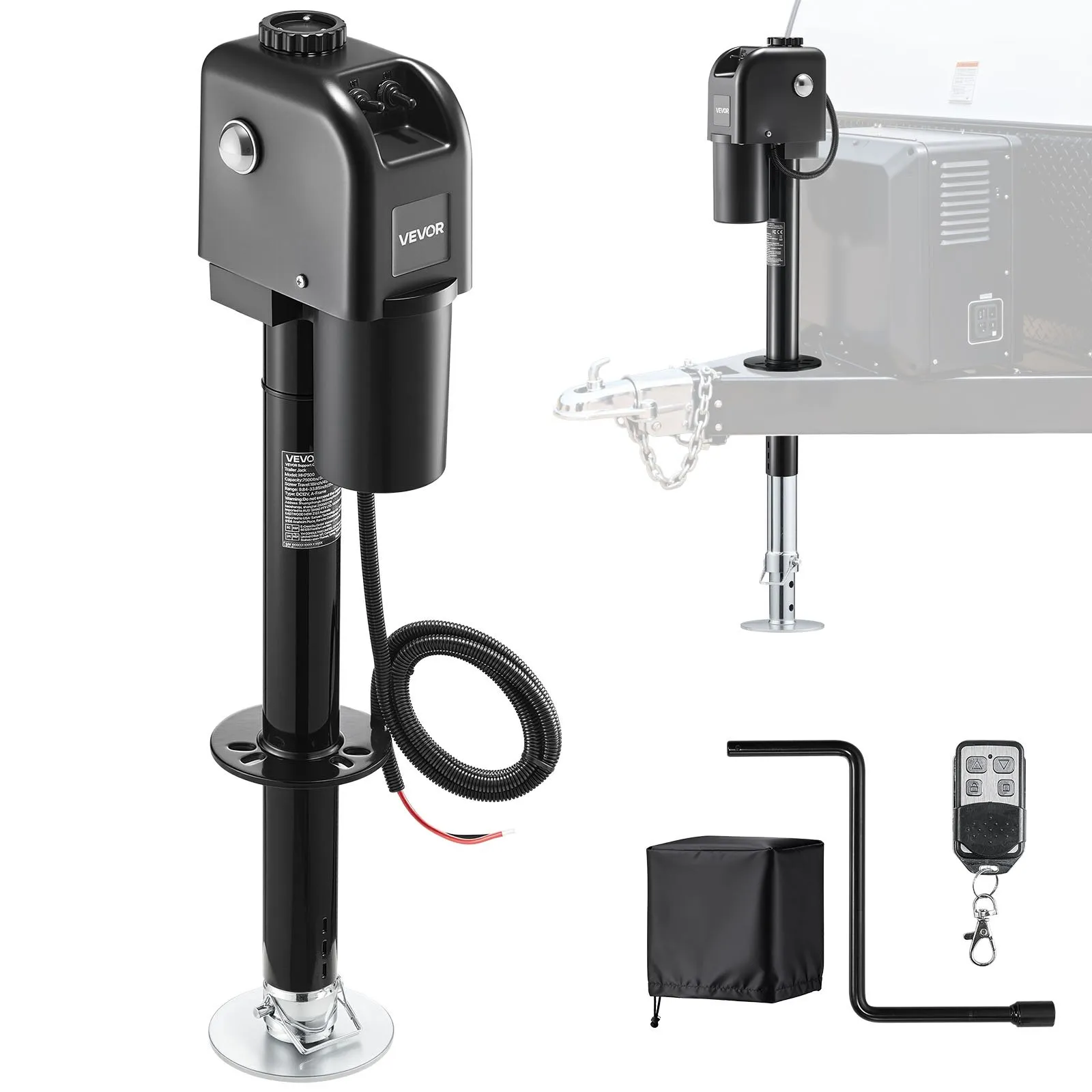 VEVOR Electric Trailer Jack, 7500 lbs Capacity, Electric Power Tongue Jack with Waterproof Protective Cover & LED Light for Travel Trailer, Camper, RV, 9.84-27.84 in Lift, 12V DC with Wiring, Black