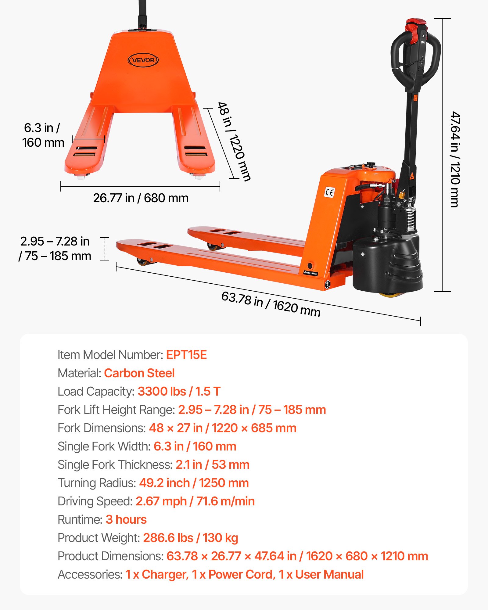 VEVOR Electric Pallet Jack, 3300 lbs Load Capacity, Lithium Battery Powered Pallet Jack Truck with 48L x 27W Inch Forks for Material Handling, Suitable for Warehouse, Supermarket, Manufacturing