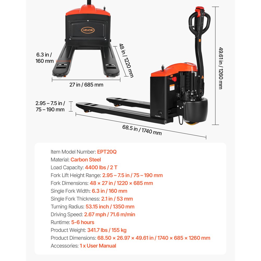 VEVOR Electric Pallet Jack, 4400 lbs Load Capacity, Lithium Battery Powered Pallet Jack Truck with 48L x 27W Inch Forks for Material Handling, Suitable for Warehouse, Supermarket, Manufacturing