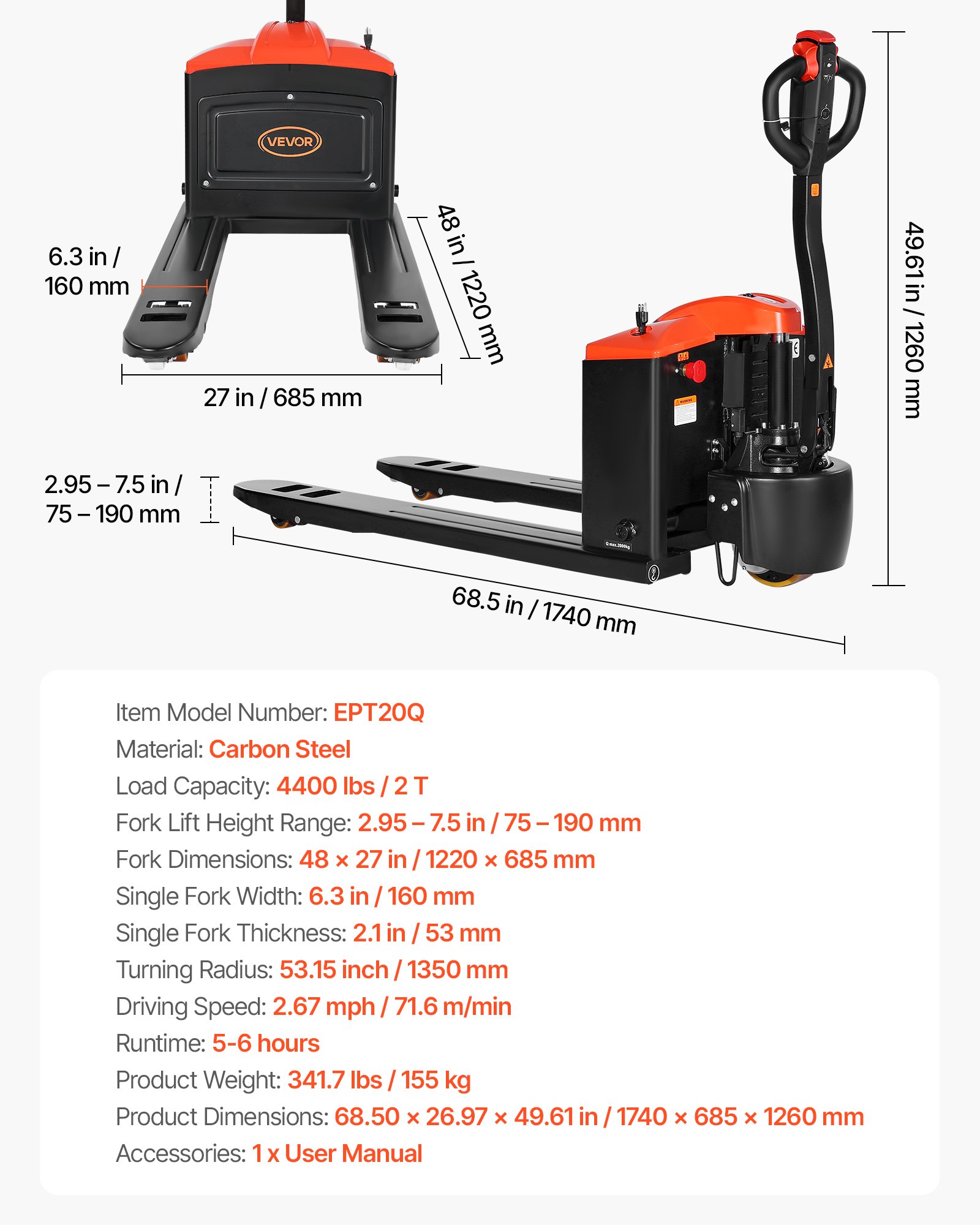 VEVOR Electric Pallet Jack, 4400 lbs Load Capacity, Lithium Battery Powered Pallet Jack Truck with 48L x 27W Inch Forks for Material Handling, Suitable for Warehouse, Supermarket, Manufacturing