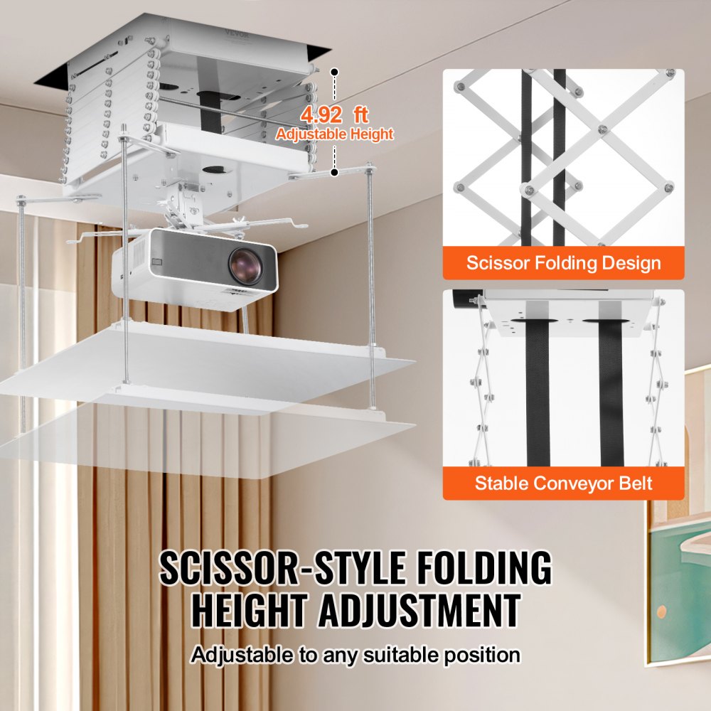 VEVOR Motorized Projector Lift, Electric Projector Lift Adjustable Height 59 in,  Hidden Projector Ceiling Mount with Remote and Wired Control, Ideal for Movies, Home, Office, Stage and Studio, White