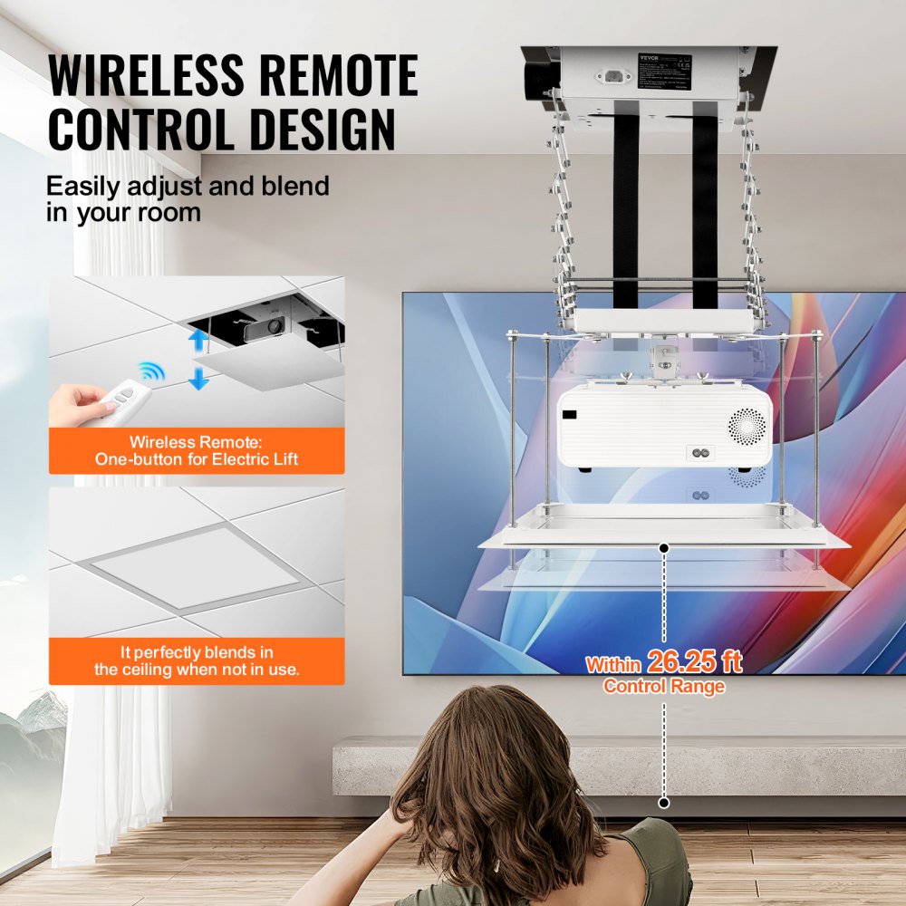 VEVOR Motorized Projector Lift, Electric Projector Lift Adjustable Height 59 in,  Hidden Projector Ceiling Mount with Remote and Wired Control, Ideal for Movies, Home, Office, Stage and Studio, White