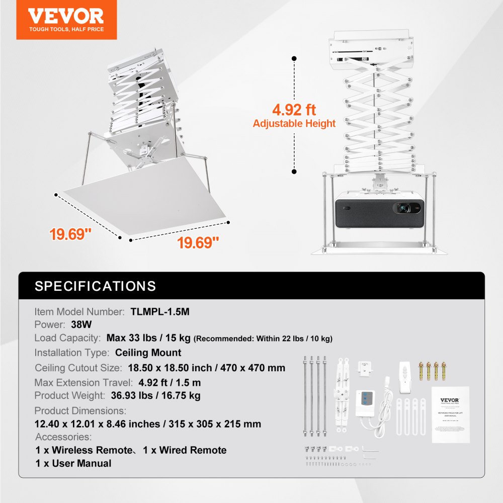 VEVOR Motorized Projector Lift, Electric Projector Lift Adjustable Height 59 in,  Hidden Projector Ceiling Mount with Remote and Wired Control, Ideal for Movies, Home, Office, Stage and Studio, White