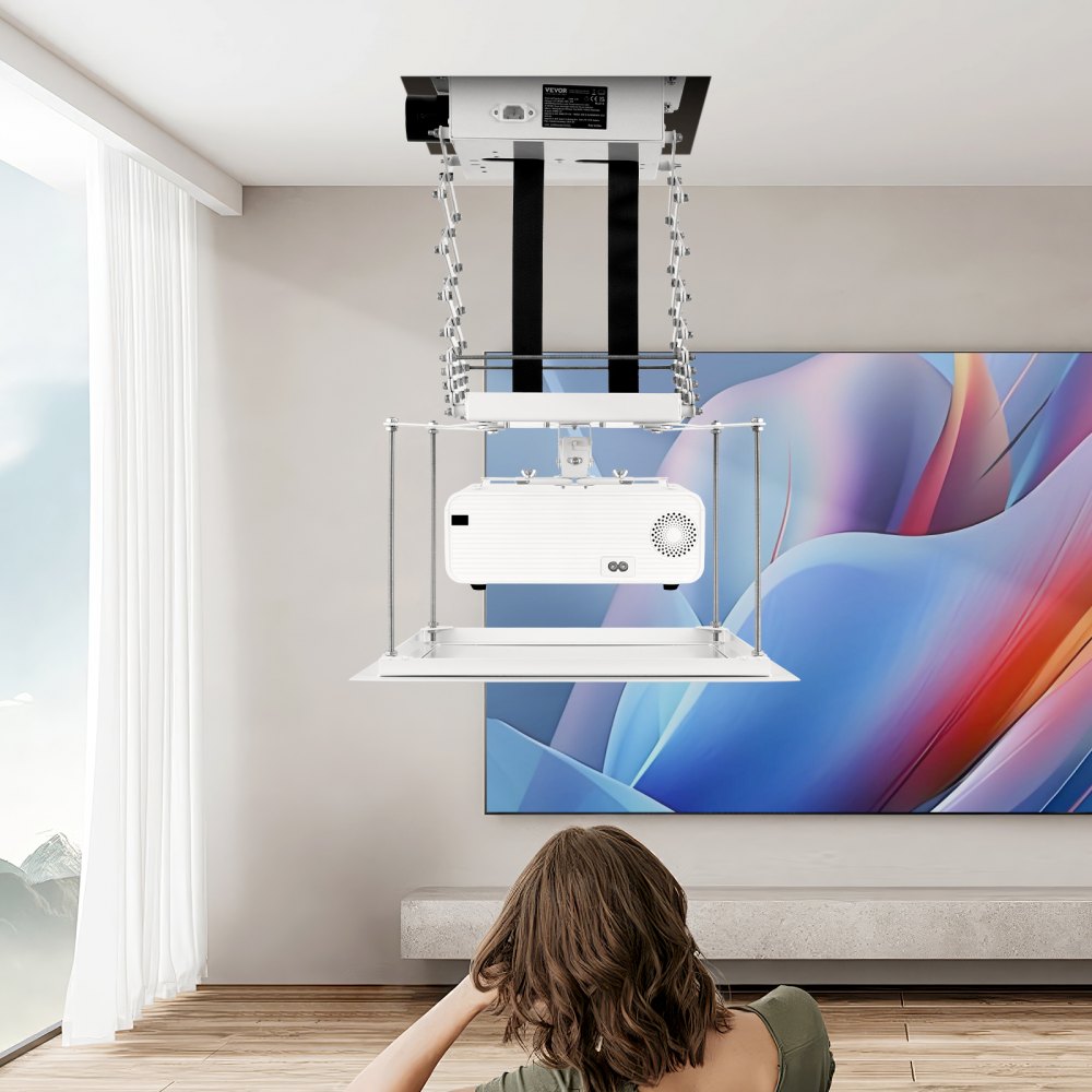 VEVOR Motorized Projector Lift, Electric Projector Lift Adjustable Height 59 in,  Hidden Projector Ceiling Mount with Remote and Wired Control, Ideal for Movies, Home, Office, Stage and Studio, White