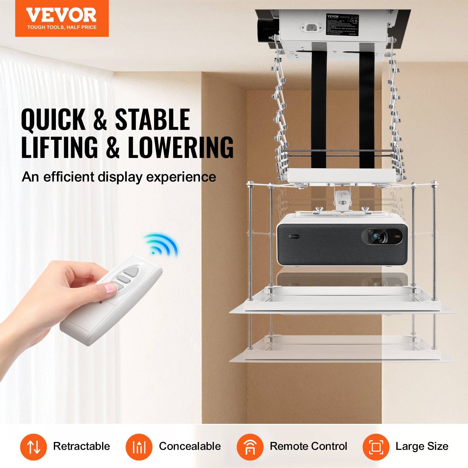 VEVOR Motorized Projector Lift, Electric Projector Lift Adjustable Height 59 in,  Hidden Projector Ceiling Mount with Remote and Wired Control, Ideal for Movies, Home, Office, Stage and Studio, White
