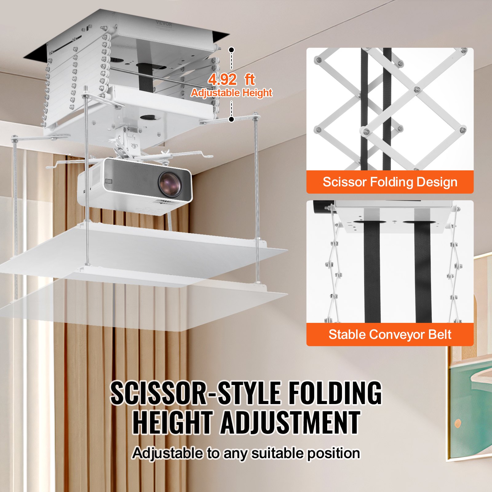 VEVOR Motorized Projector Lift, Electric Projector Lift Adjustable Height 59 in,  Hidden Projector Ceiling Mount with Remote and Wired Control, Ideal for Movies, Home, Office, Stage and Studio, White