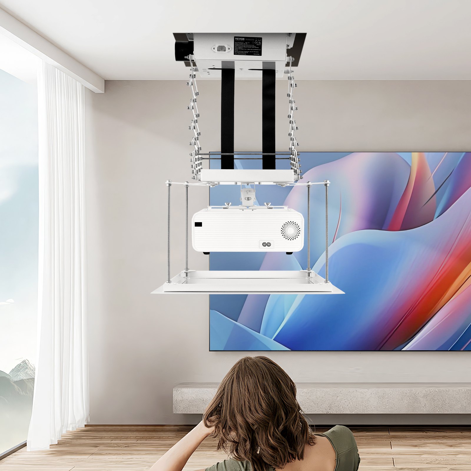 VEVOR Motorized Projector Lift, Electric Projector Lift Adjustable Height 59 in,  Hidden Projector Ceiling Mount with Remote and Wired Control, Ideal for Movies, Home, Office, Stage and Studio, White