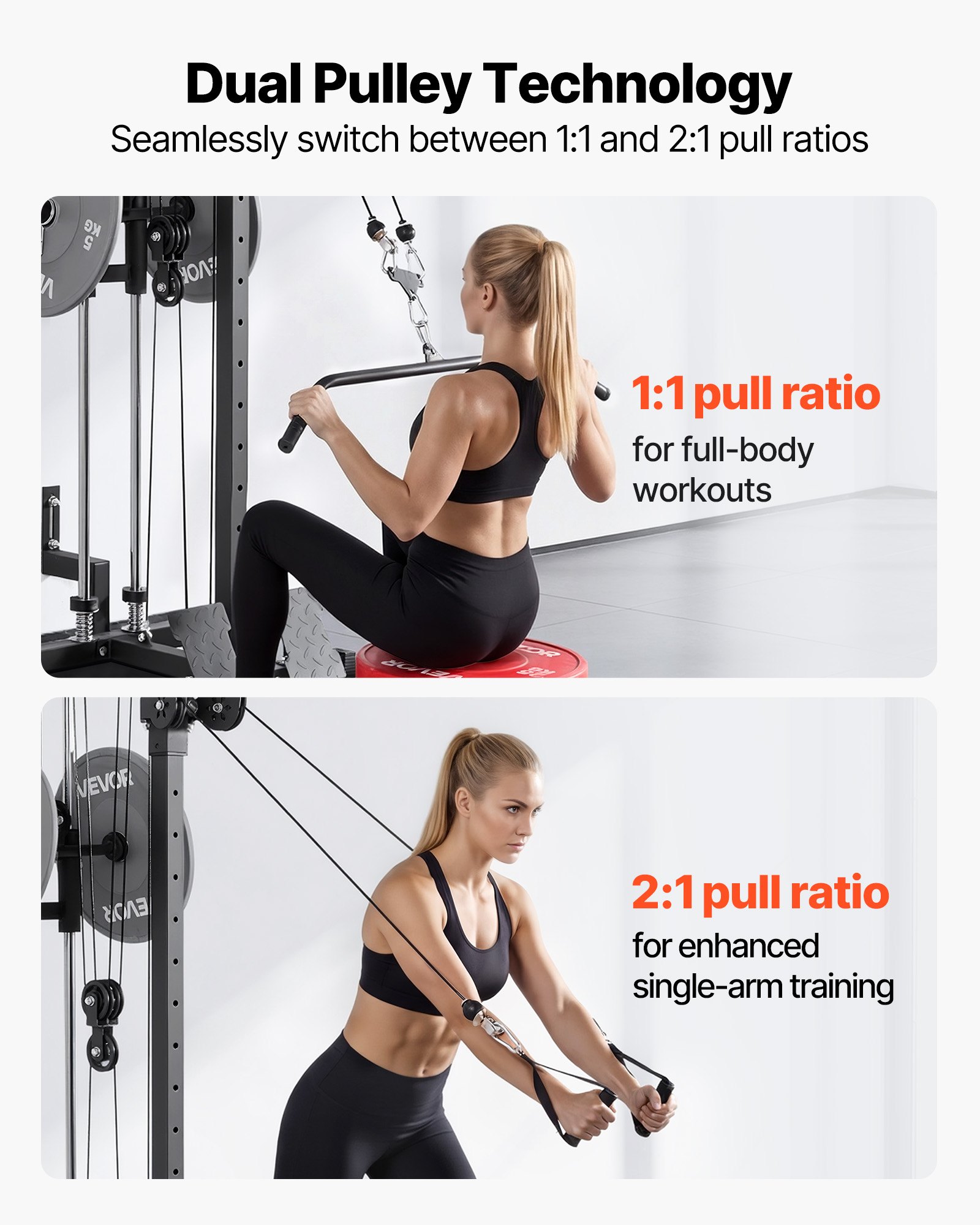 VEVOR LAT Pull Down Machine, 3-in-1 Row Cable Machine, Cable Machines Home Gym with 18-Level Height Adjustment, Wall-Mount Design, Load 227kg Lat Tower for Full-Body Workouts, Single-Arm Training