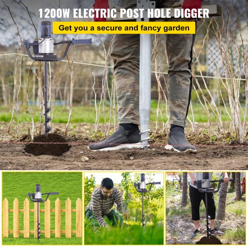 VEVOR Electric Post Hole Digger, 1200 W 1.6 HP Electric Auger Powerhead w/4" Bit, 39" Drilling Depth, Compatible with Earth Auger bit or Ice Bit, for Post Hole Digging, Drilling, Tree Planting
