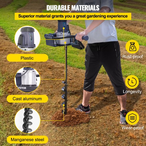 VEVOR Electric Post Hole Digger, 1200 W 1.6 HP Electric Auger Powerhead w/4" Bit, 39" Drilling Depth, Compatible with Earth Auger bit or Ice Bit, for Post Hole Digging, Drilling, Tree Planting