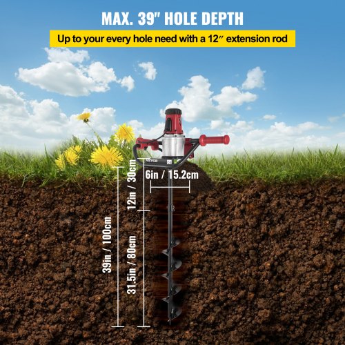 VEVOR Electric Post Hole Digger, 1500 W 1.6 HP Electric Auger Powerhead w/6" Bit, 39" Drilling Depth, Compatible with Earth Auger bit or Ice Bit, for Post Hole Digging, Drilling, Tree Planting