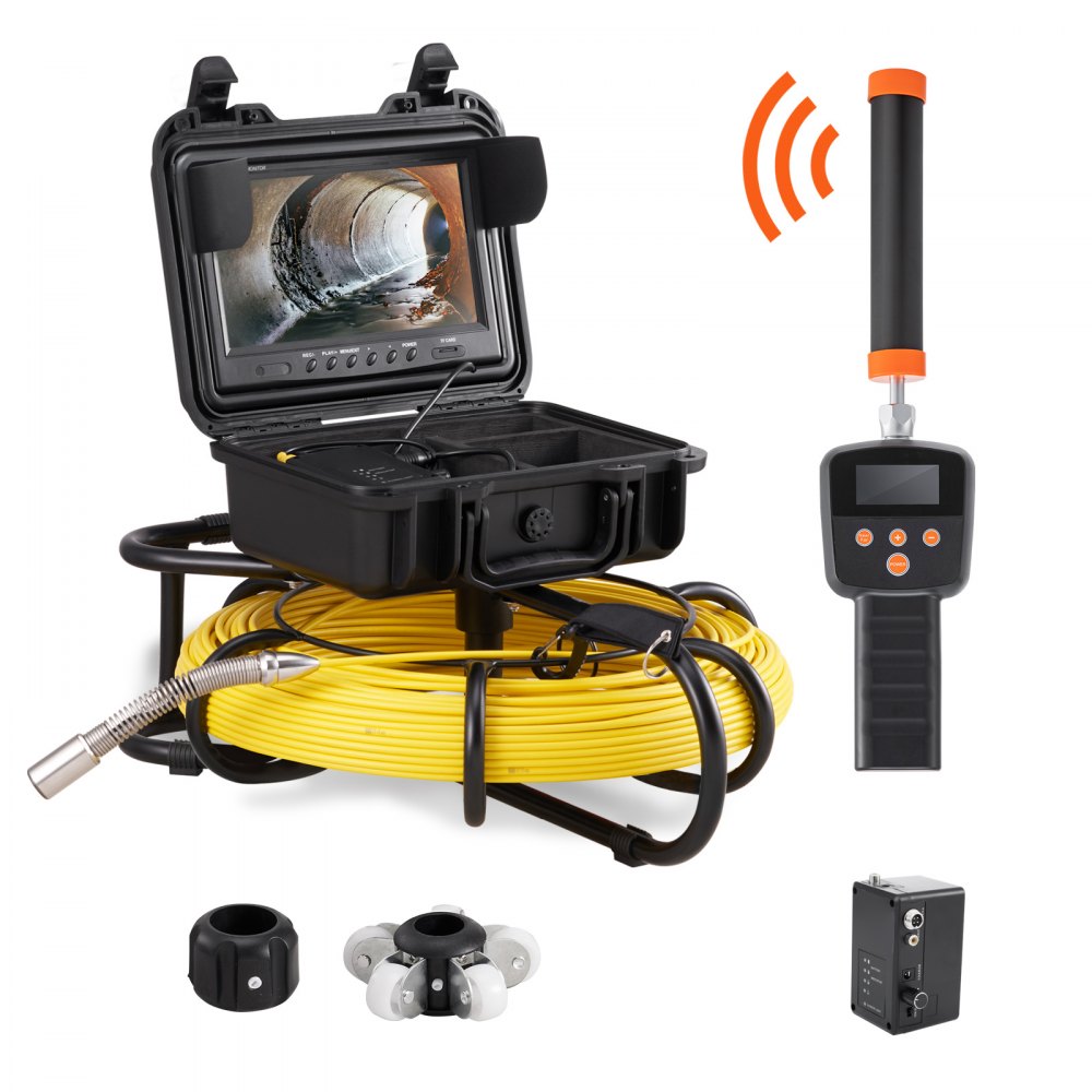 VEVOR sewer camera with screen, yellow cable, remote control, and various accessories.
