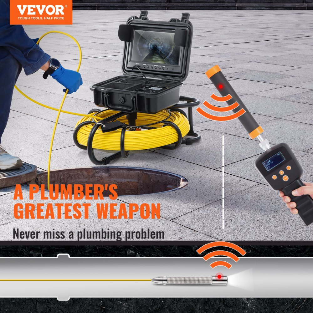 VEVOR Sewer Camera with 512Hz Locator,300 ft/91.5 m, 9" Pipeline Inspection Camera with DVR Function, IP68 Camera with 12 Adjustable LEDs, A 16 GB SD Card for Sewer Line, Home, Duct Drain Pipe Plumbin