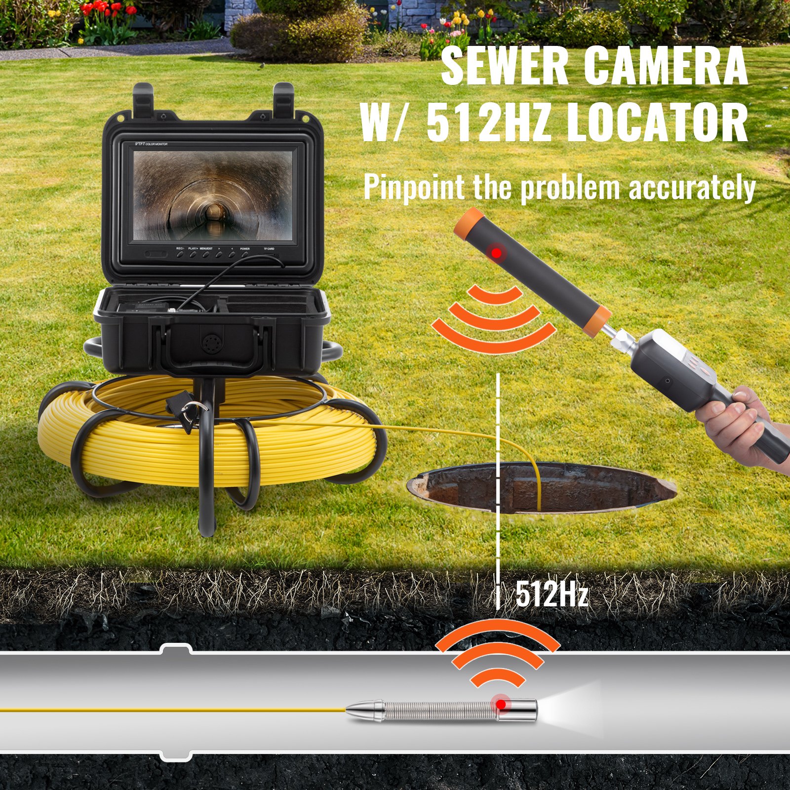 VEVOR Sewer Camera Pipe Inspection Camera w/ 512hz Sonde 22.9 cm 720p Screen 91.4m