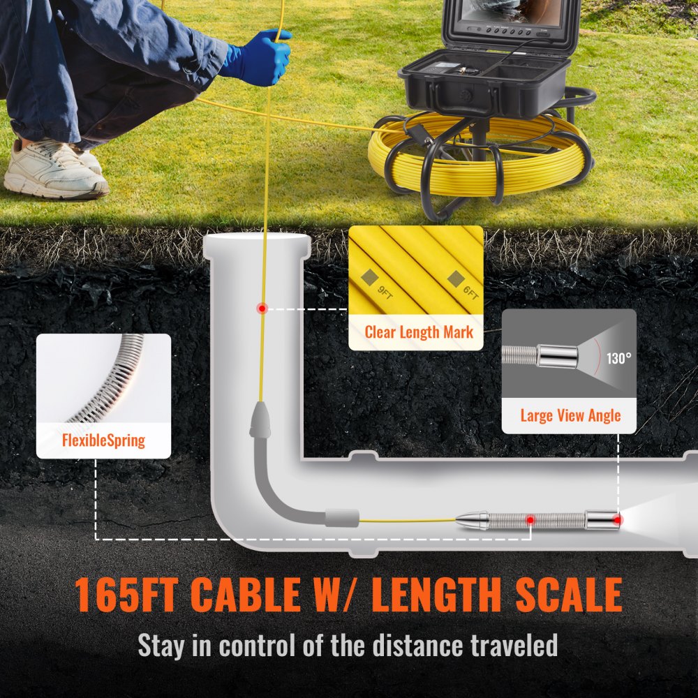 VEVOR Sewer Camera with 512Hz Locator, 164 ft/50 m, 9" Pipeline Inspection Camera with DVR Function, IP68 Camera with 12 Adjustable LEDs, A 16 GB SD Card for Sewer Line, Home, Duct Drain Pipe Plumbing