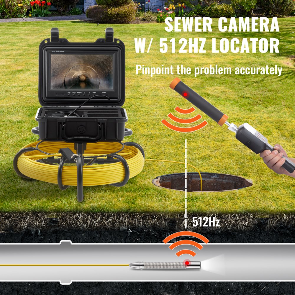 VEVOR Sewer Camera Pipe Inspection Camera w/ 512hz Sonde 22.9 cm 720p Screen 50.3m