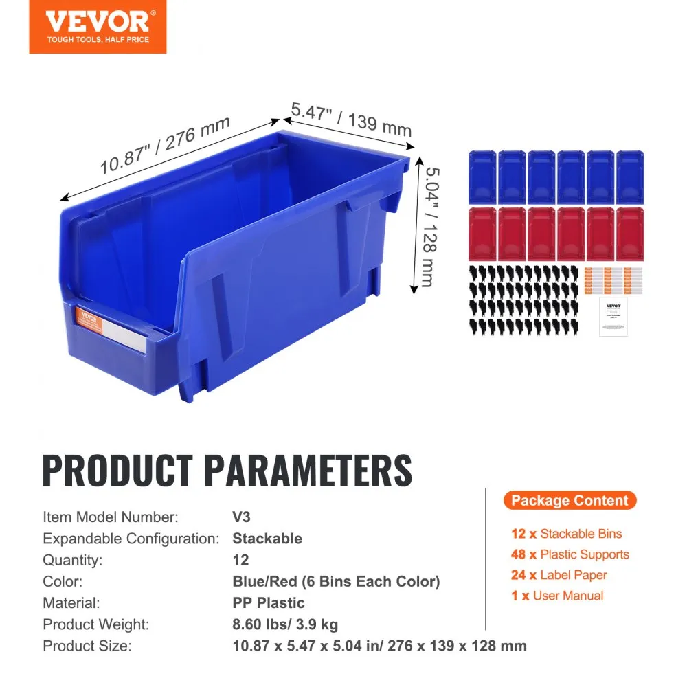 VEVOR Plastic Storage Bin, (11-Inch x 5-Inch x 5-Inch), Hanging Stackable Storage Organizer Bin, Blue/Red, 12-Pack, Heavy Duty Stacking Containers for Closet, Kitchen, Office, or Pantry Organization