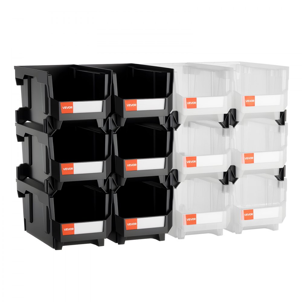 VEVOR Plastic Stackable Storage Bins, 37.7 x 21.5 x 18 cm (12 Pack), Plastic Containers for Organizing & Storage Bins for Garage, Small Parts, Office Supplies, Other Accessories, Black & Transparent