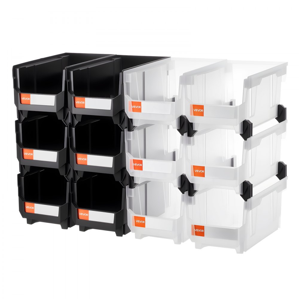 VEVOR Plastic Stackable Storage Bins, 37.7 x 21.5 x 18 cm (12 Pack), Plastic Containers for Organizing & Storage Bins for Garage, Small Parts, Office Supplies, Other Accessories, Black & Transparent