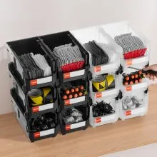 VEVOR Plastic Stackable Storage Bins, 14.8 x 8.5 x 7.1 inch (12 Pack), Plastic Containers for Organizing & Storage Bins for Garage, Small Parts, Office Supplies, Other Accessories, Black & Transparent